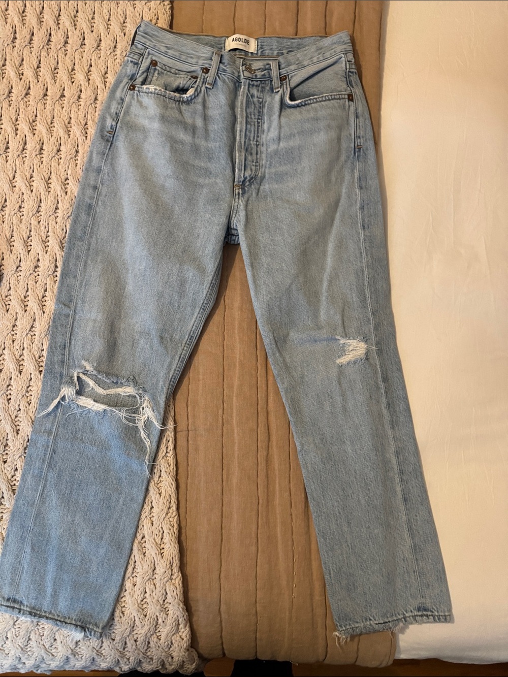 Agolde Riley Light Blue Straight Leg Ripped Jeans